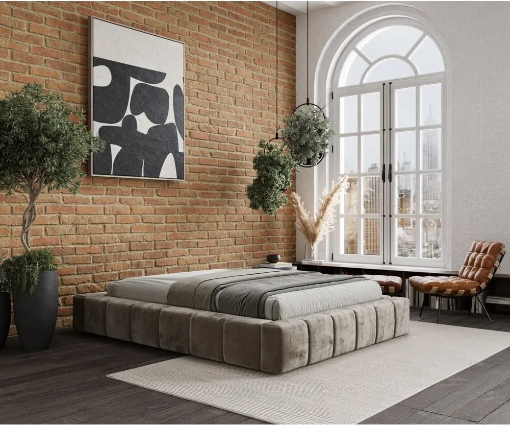 Letto matrimoniale imbottito beige con spazio contenitivo e rete 200x200 cm Aruba L - Maison de Rêve