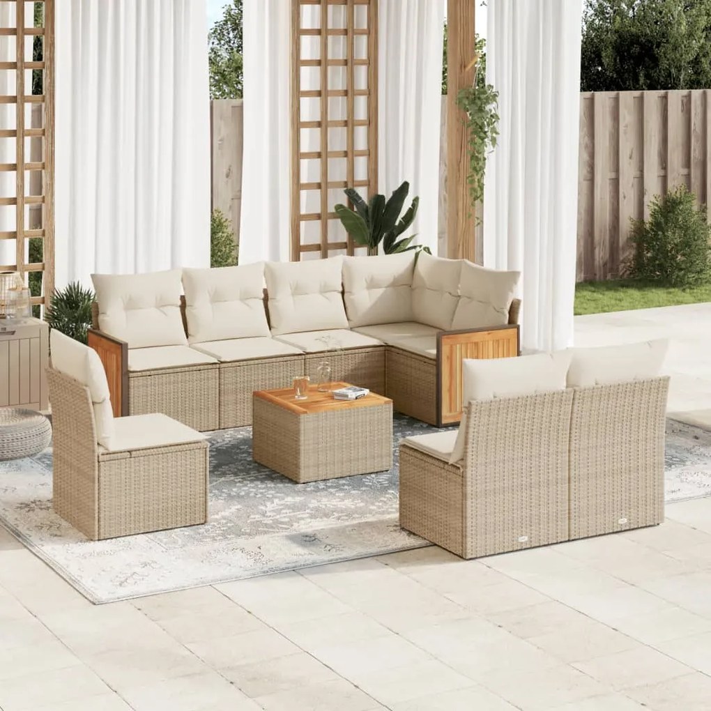 Set divano da giardino 9 pz con cuscini beige in polyrattan