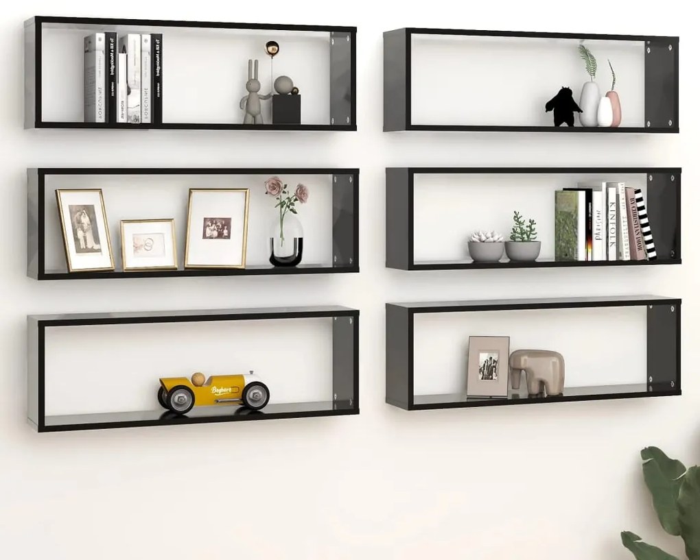 Mensole Parete A Cubo 6pz Nere 80x15x26,5cm Legno Multistrato /