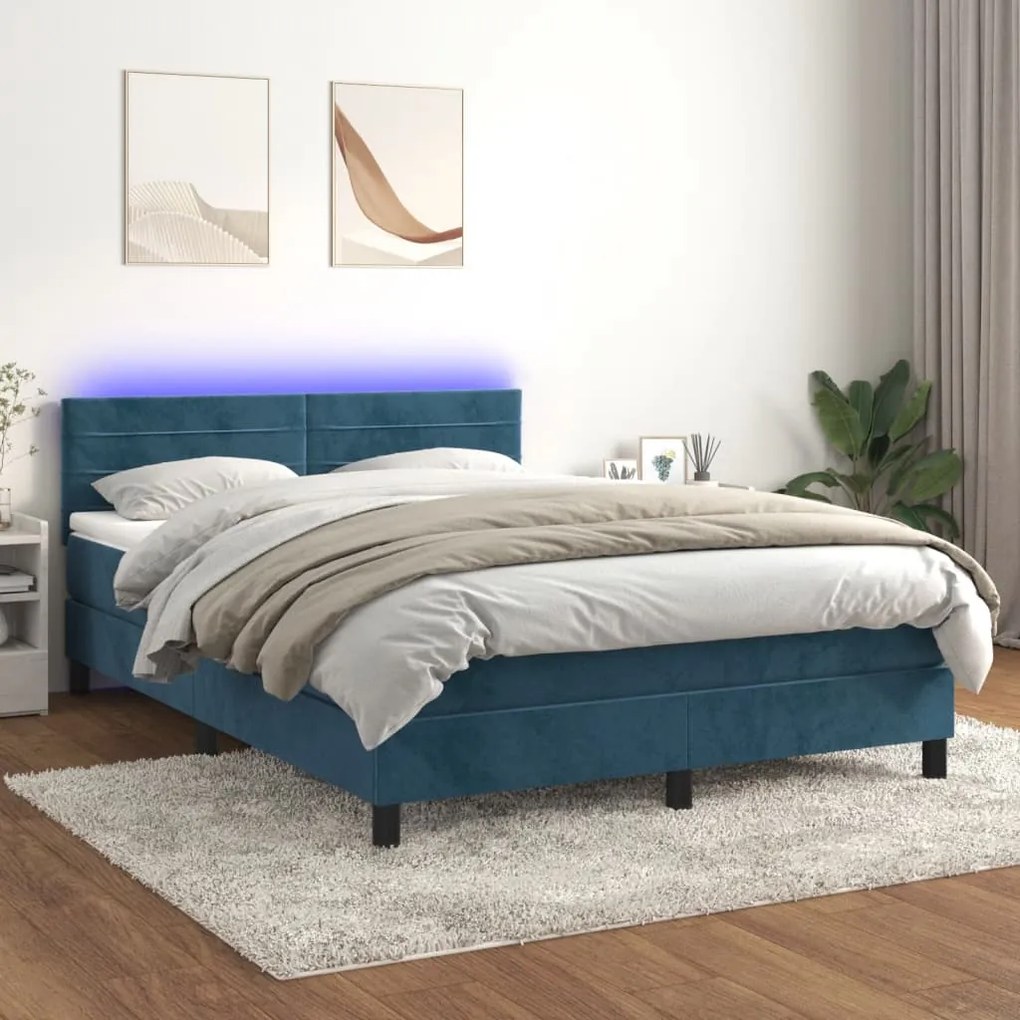 Letto a molle con materasso e led blu scuro 140x200 cm