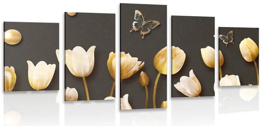 Quadri 5 pezzi – Tulipani con motivo dorato