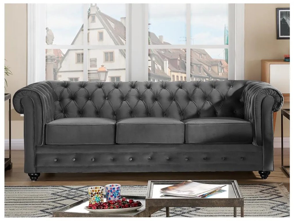 Divano CHESTERFIELD 3 posti in velluto Antracite