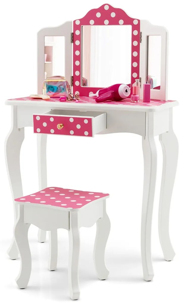 Costway Toeletta trucco per bambina con sgabello triplo specchio e cassetto, Tavolo per trucco con fantasia a pois Rosa