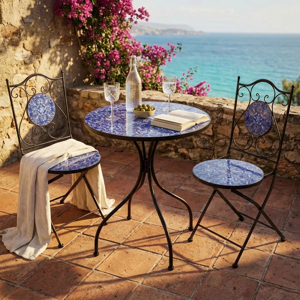 AVEIRO - set due sedie pieghevoli e tavolo rotondo con decori