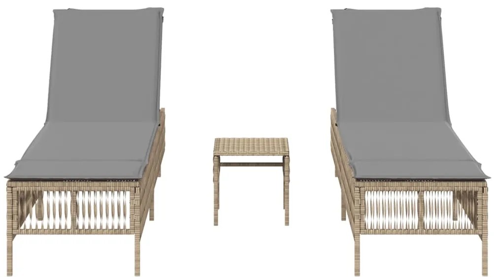 Lettini prendisole 2 pz con tavolino beige in polyrattan