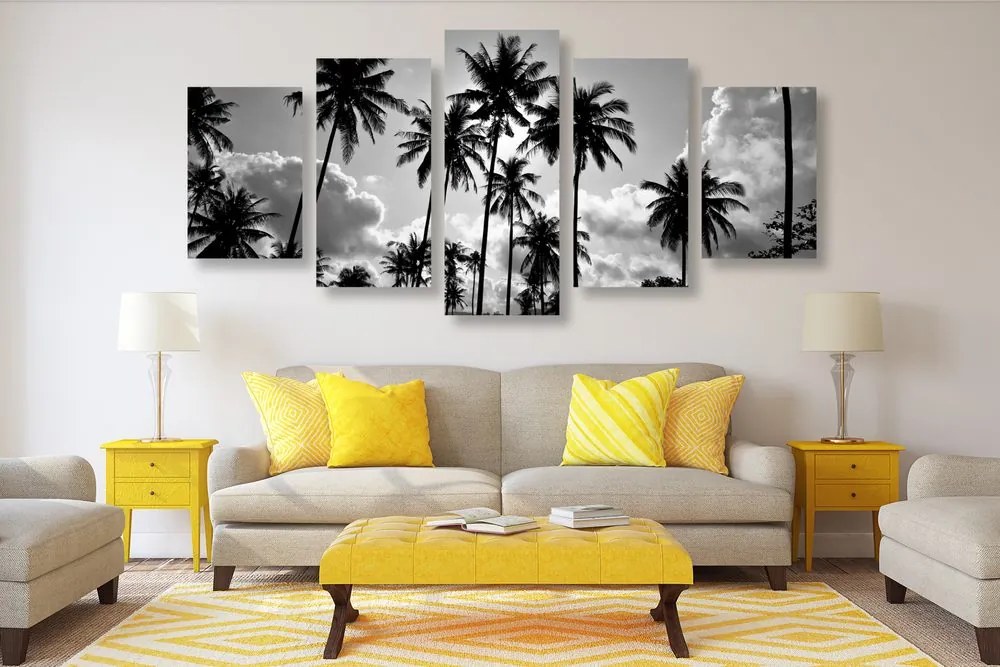 Quadri 5 pezzi – Palme da cocco sulla spiaggia in bianco e nero