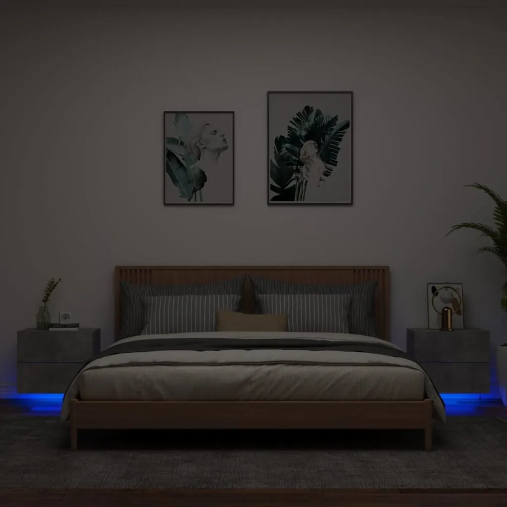 Comodini a parete con luci led 2 pz grigio cemento