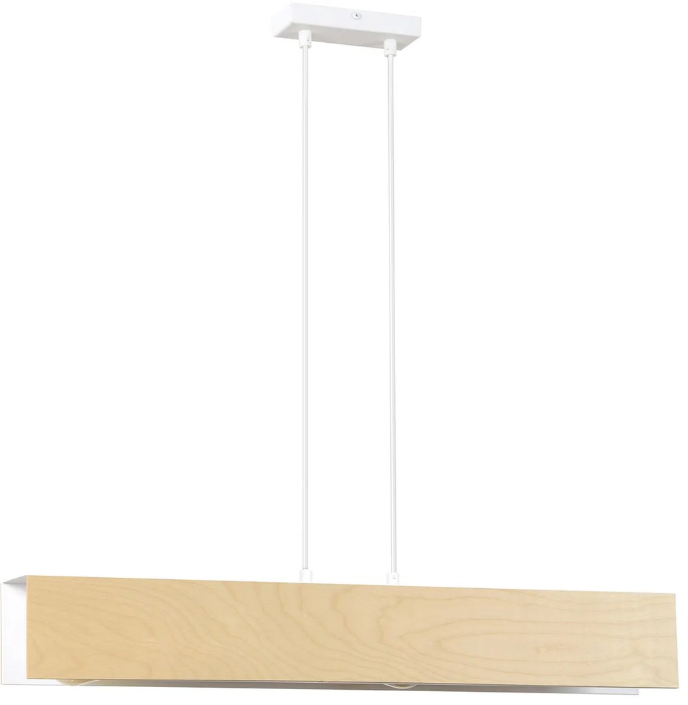 Lampadario 3 Luci Merlino In Acciaio Bianco Corpo Rettangolare E Legno Naturale