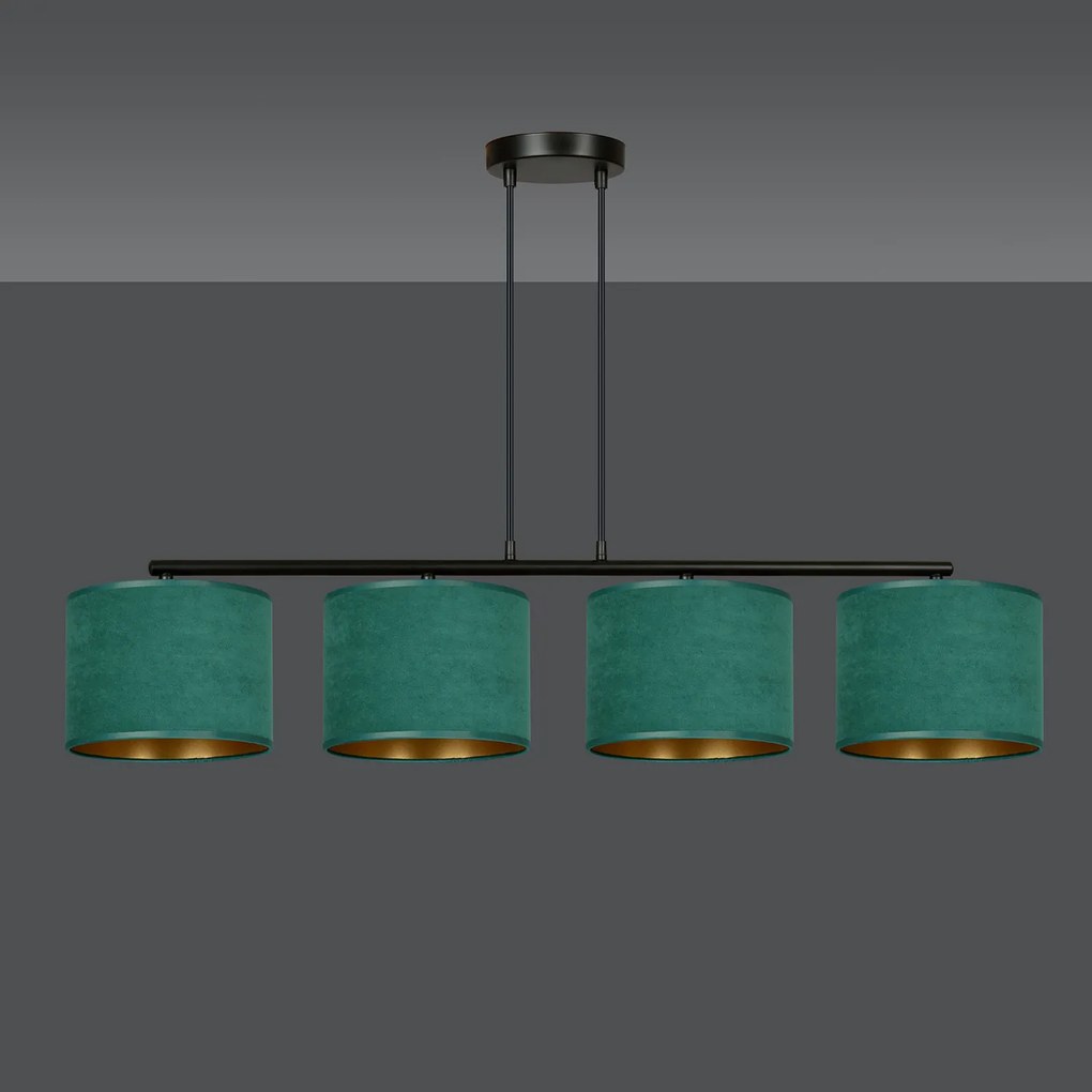 Lampadario 4 Luci Ganesha In Acciaio Nero E Paralumi In Tessuto Verde