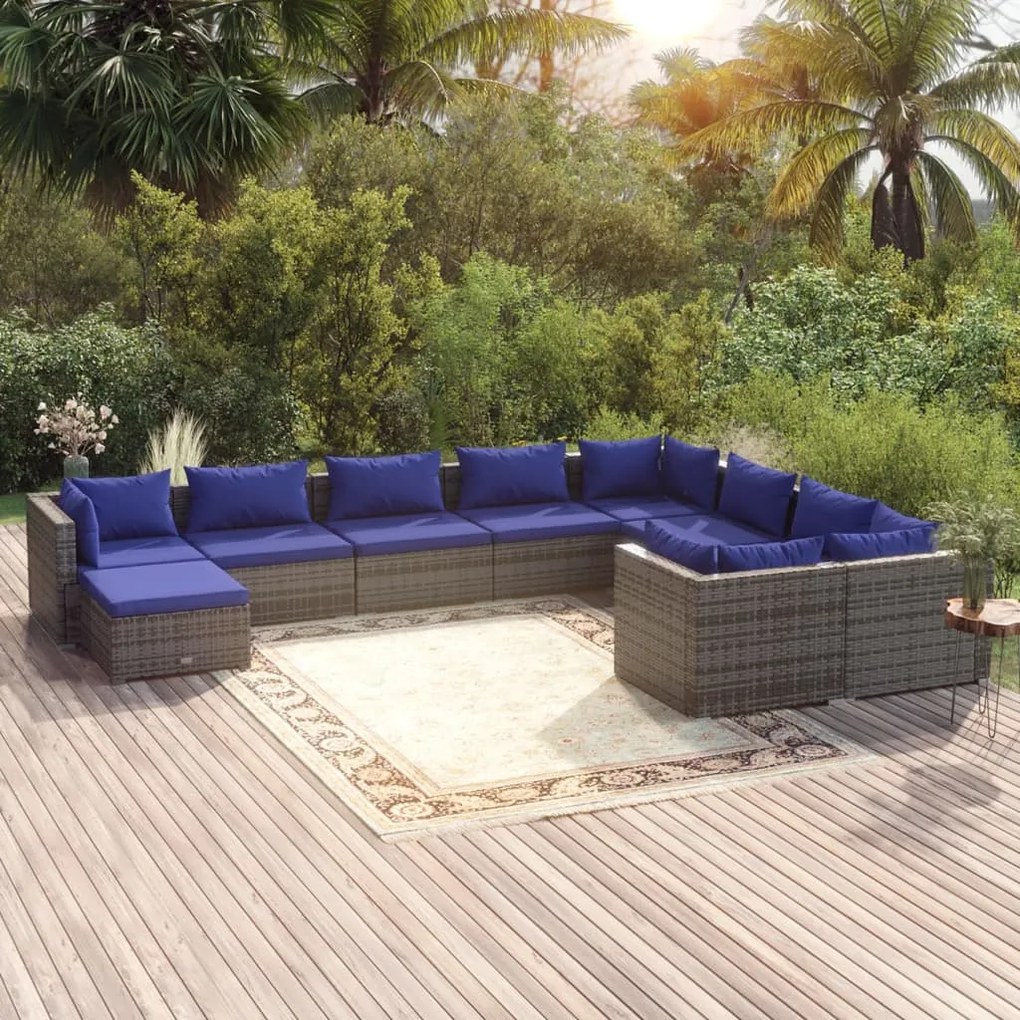 Set Divani da Giardino 10 pz con Cuscini in Polyrattan Grigio