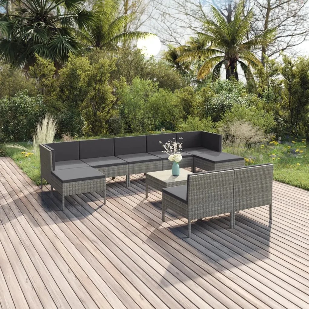 Set divani da giardino 10 pz con cuscini in polyrattan grigio