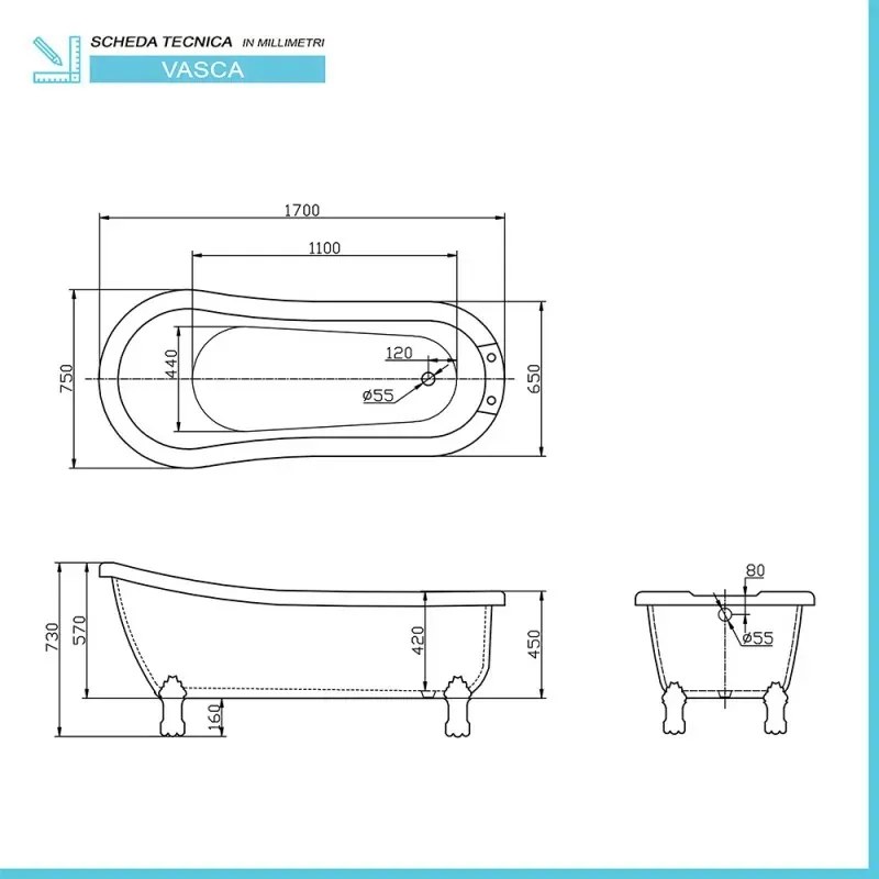 Vasca da bagno freestanding classica 170x75 con Piedini cromo a zampa daquila regolabili Mary