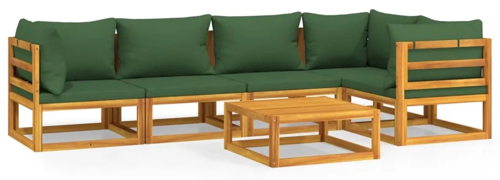 Set salotto da giardino 6pz con cuscini verdi in legno massello