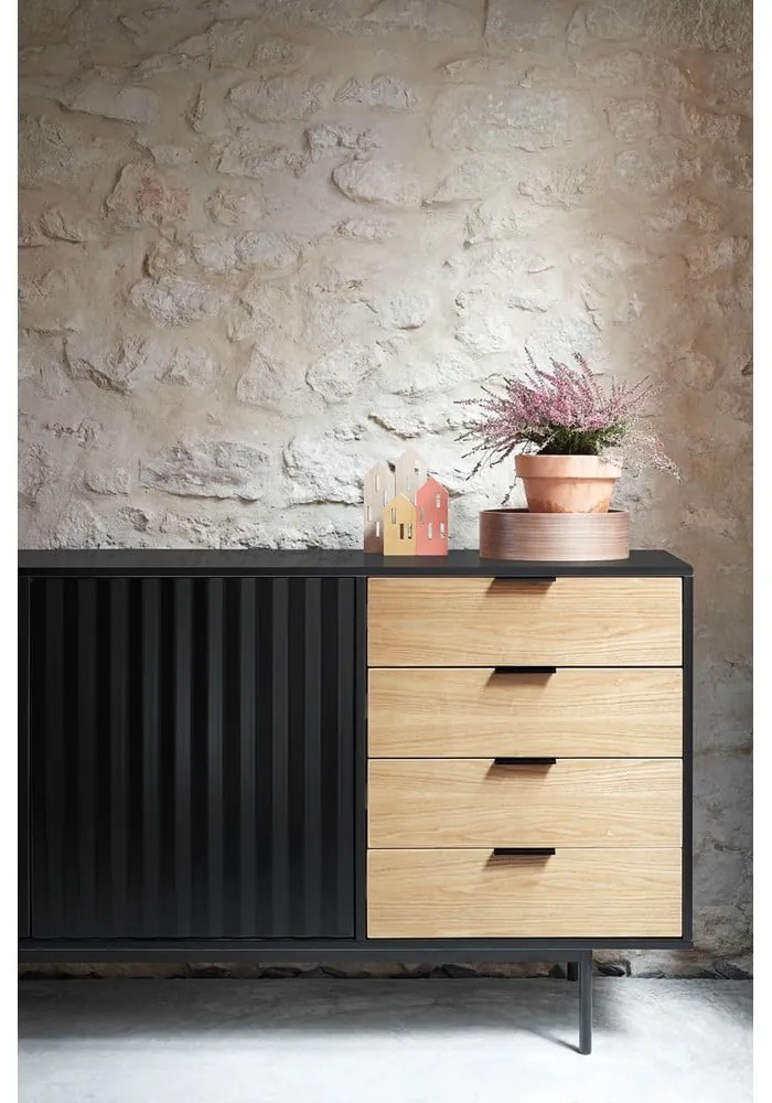 Cassettiera bassa nera-colore naturale effetto rovere 159x80 cm Sierra – Teulat