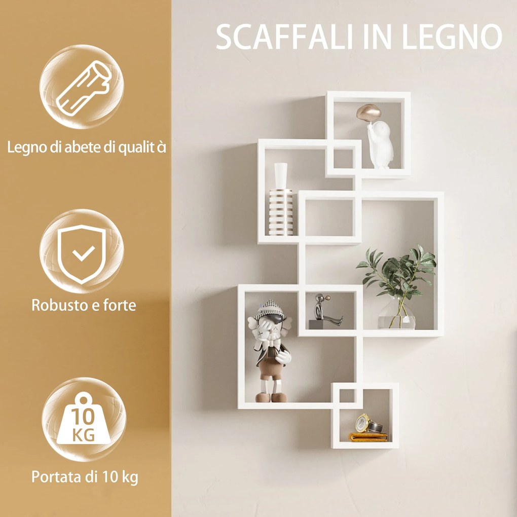 Libreria Moderna Sospesa con 5 Cubi Intrecciati 49,5x10,2x86 cm in Legno Bianco...