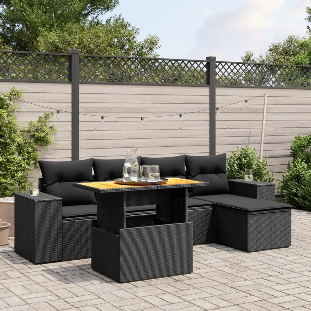 Set divano da giardino 6 pz con cuscini nero in polyrattan
