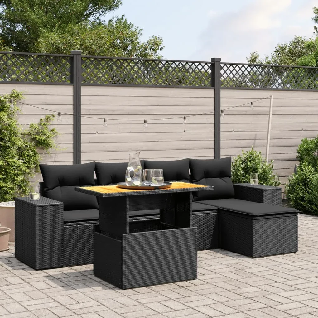 Set divano da giardino 6 pz con cuscini nero in polyrattan
