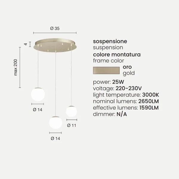 Lampada a sospensione 35 cm in metallo verniciato Oro SANTOS 3 Luci Led