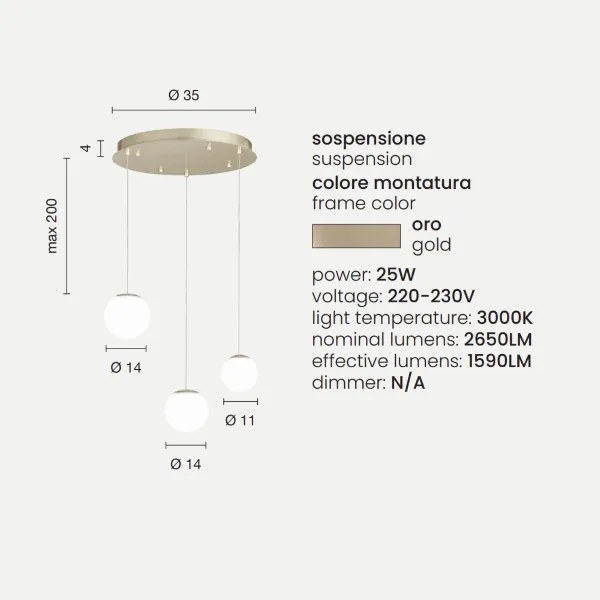 Lampada a sospensione in metallo Oro e vetri Colorati SANTOS 3 Luci Led