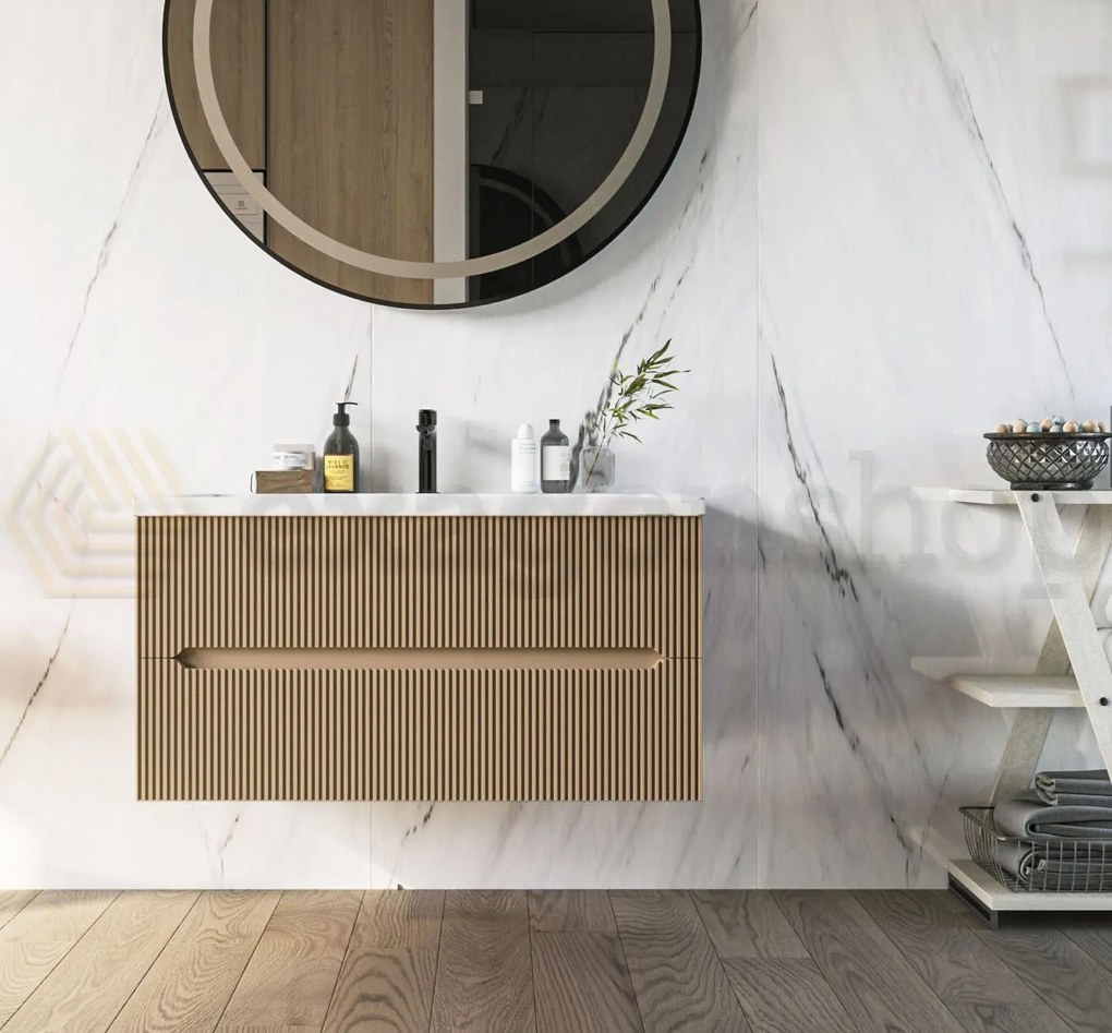 Mobile bagno tortora opaco 120x46 cannettato Urbino due cassetti con lavabo in ceramica frontale