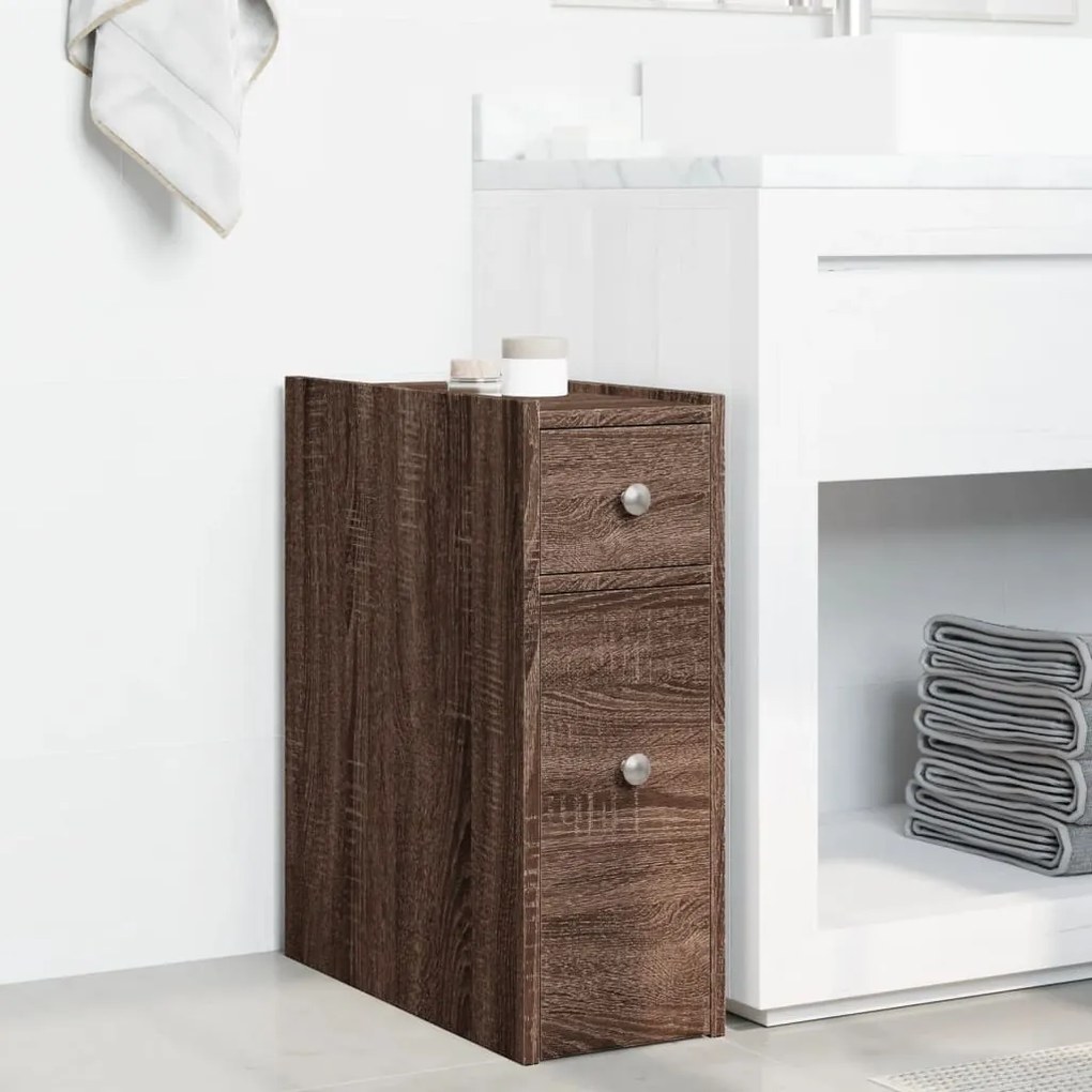 Armadietto da bagno stretto con ruote rovere marrone truciolato