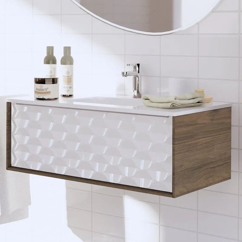 Mobile sottolavabo e lavabo Neo rovere noce/bianco 3d L 90 x H 32 x P 48 cm 1 vasca