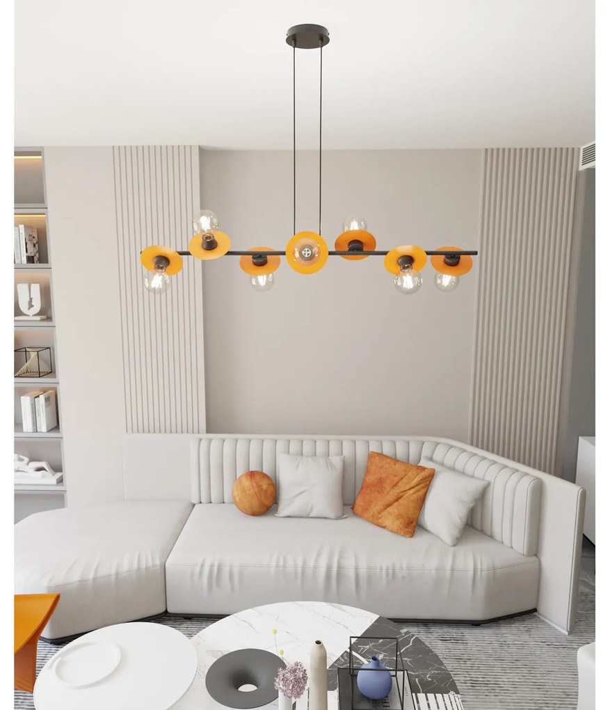 Lampadario 8 Luci Eos In Acciaio Nero E Arancio Con Barra E Diffusori A Piatti