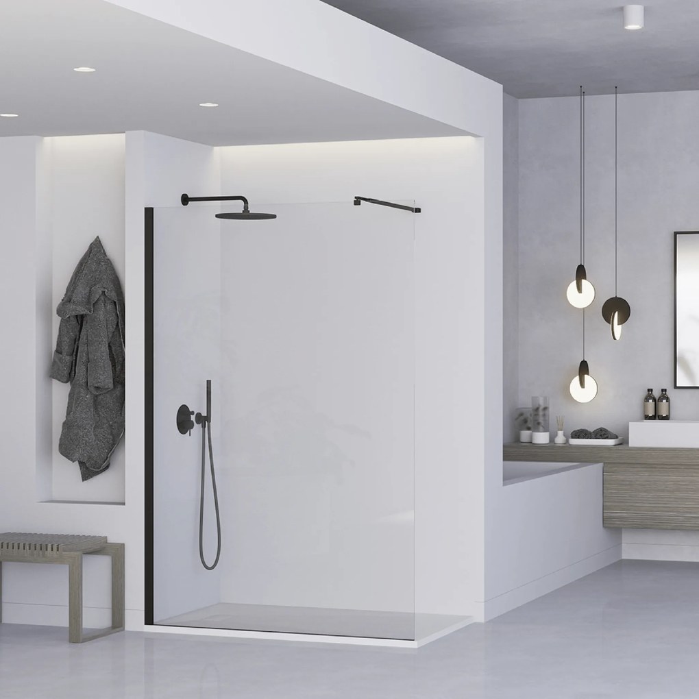 Box Doccia Walk-In 120 Cm Con Braccio Telescopico Feridras Nero Opaco/Vetro Trasparente