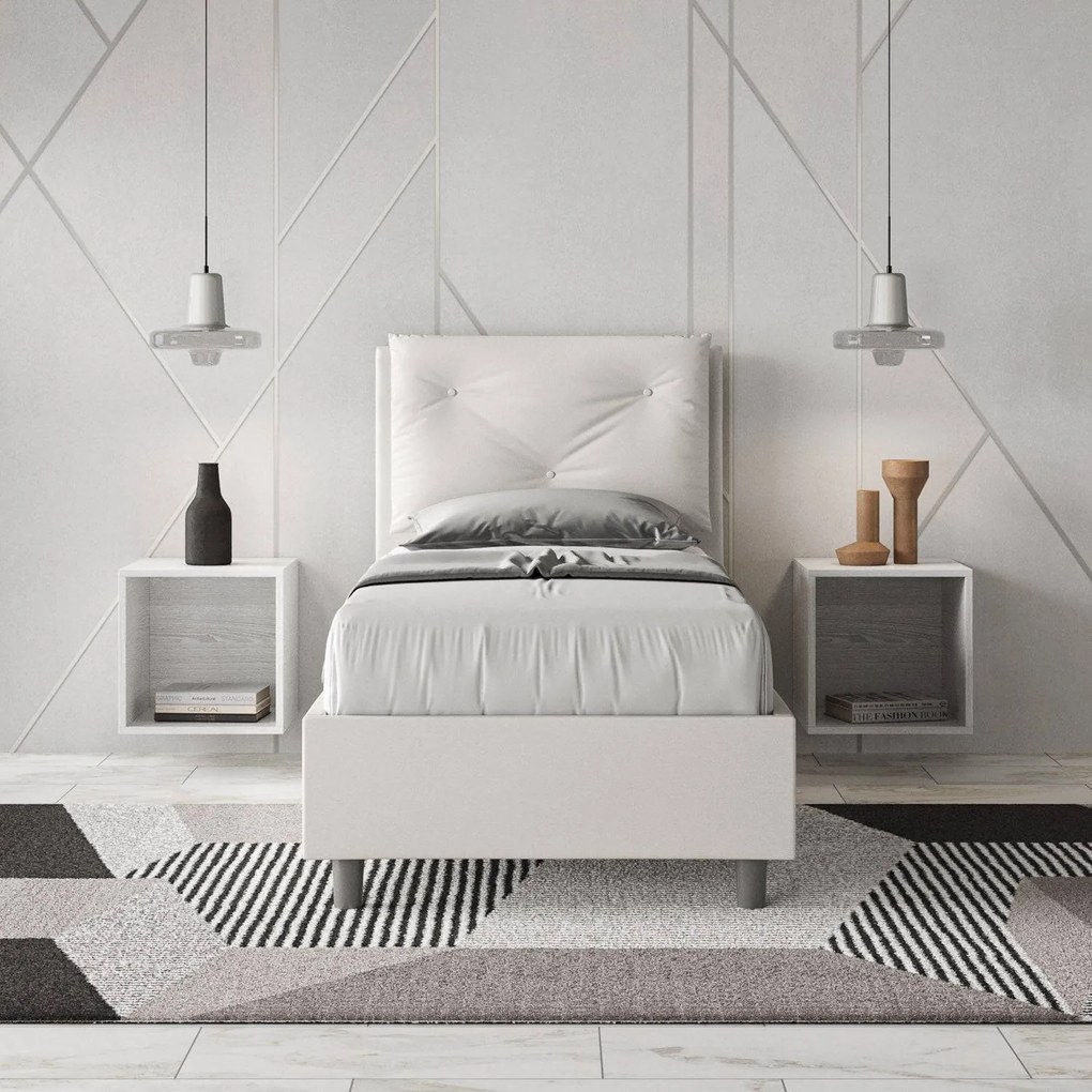 Letto singolo imbottito similpelle Appia 80x210 senza rete, con rete, contenitore, Bianco / Contenitore