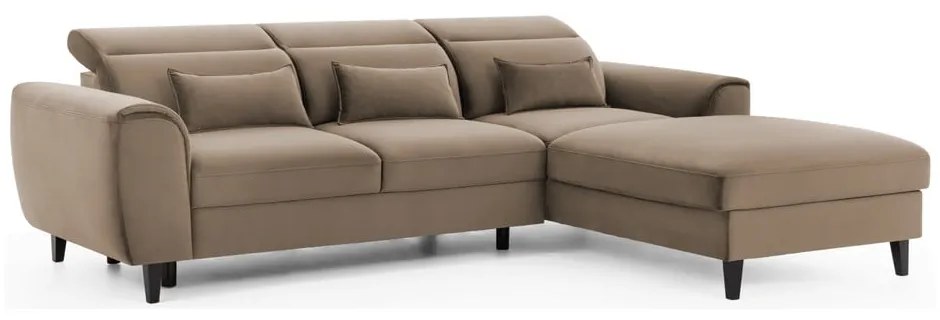 Divano angolare marrone chiaro allungabile/con contenitore (con penisola a destra/con chaise lounge) e rivestimento in velluto Foble – ELTAP