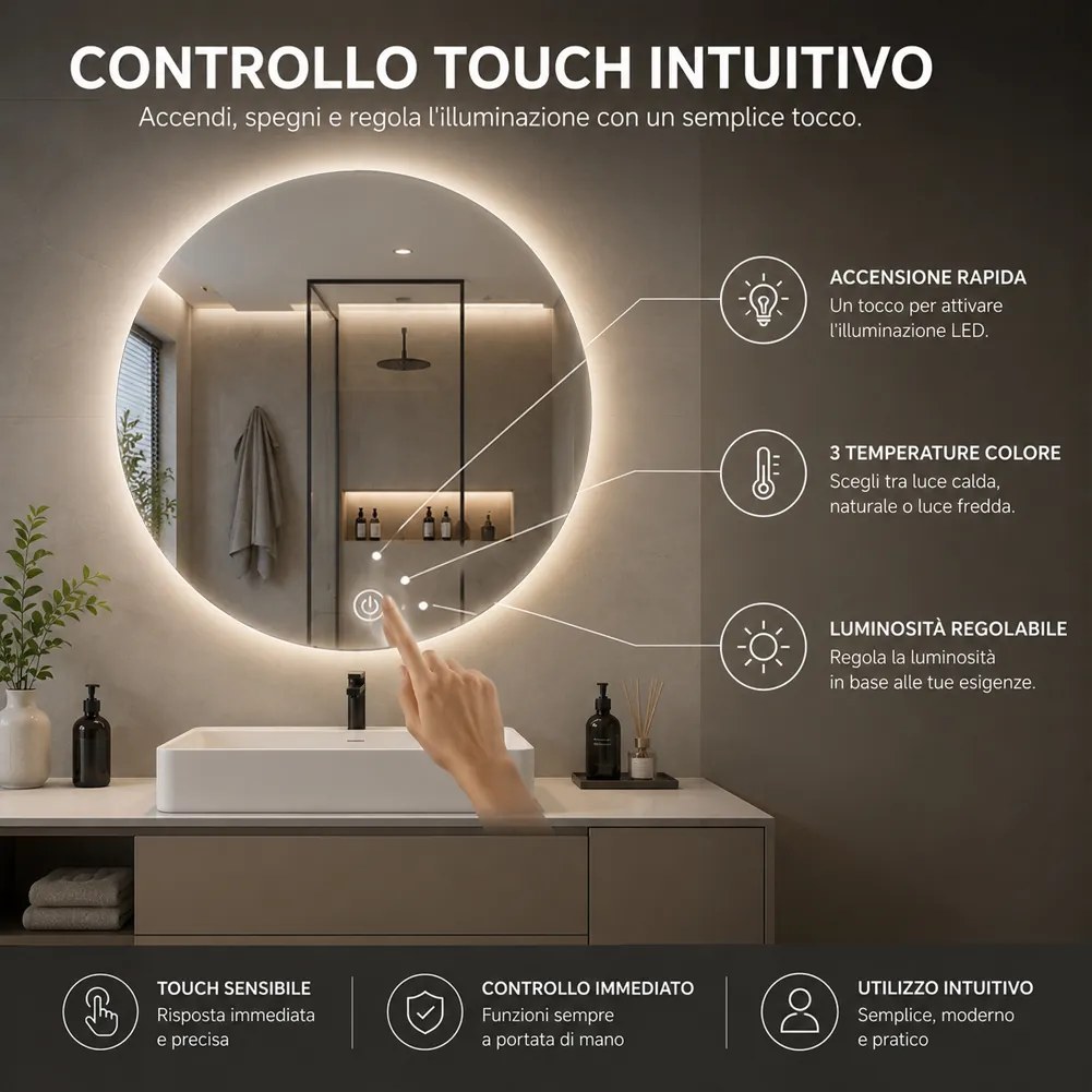 Specchio Rotondo Ø60 cm LED a 3 Colori Retroilluminato Accensione Touch...