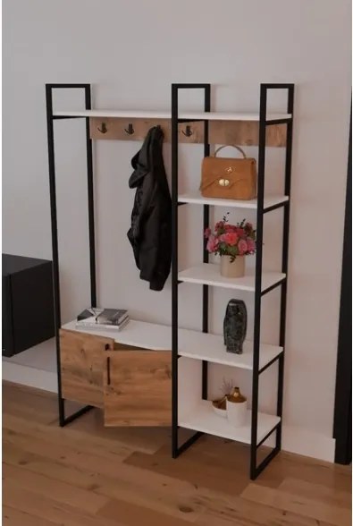 Mobile Ingresso Industrial 120x34x180 Con Scarpiera Appendiabiti E Ripiani Yago Rovere E Bianco