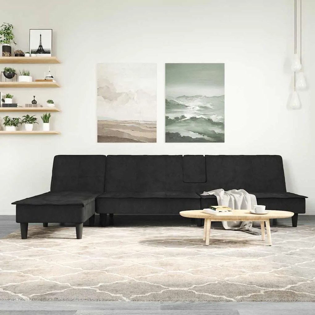 Divano Letto A L Nero 255x140x70 Cm İn Velluto /