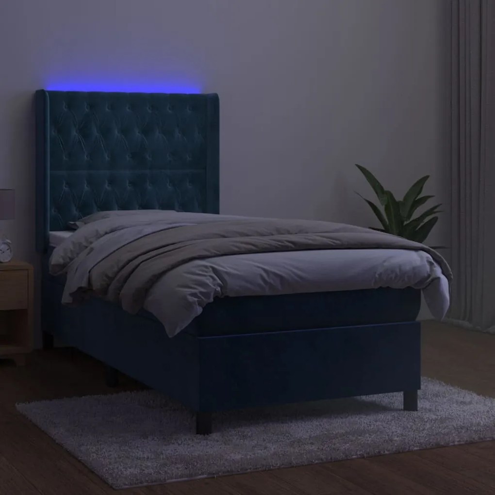 Letto a molle con materasso e led blu scuro 90x190cm in velluto