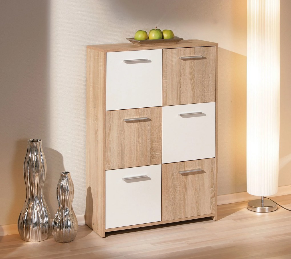 Credenza 6 cassetti in laminato rovere e bianco