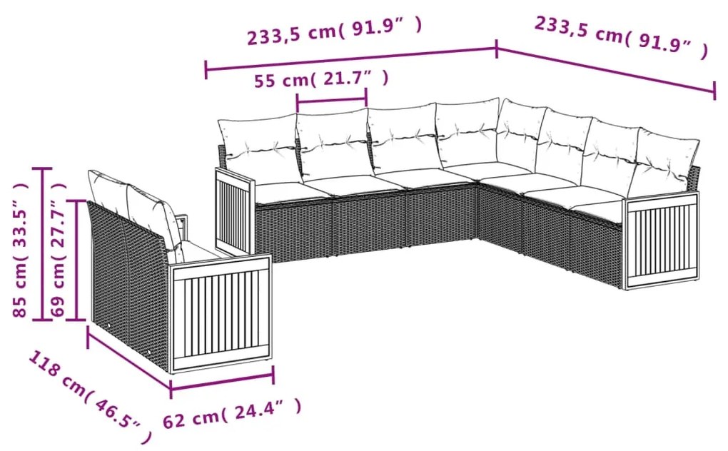 Set Divani da Giardino 9 pz con Cuscini Nero in Polyrattan