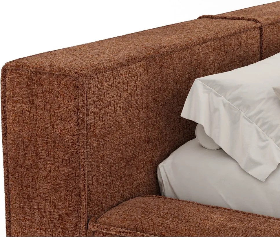 Letto matrimoniale imbottito arancione con contenitore e rete inclusi 200x200 cm Voliera – Maison de Rêve