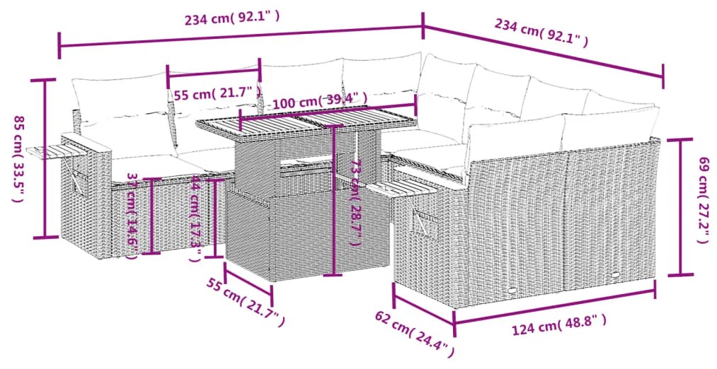 Set divano da giardino 8 pz con cuscini grigio in polyrattan