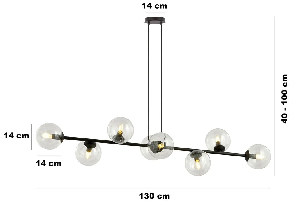 Lampadario Contemporaneo 8 Luci Rossi In Acciaio Nero E Sfere Vetro Trasparente