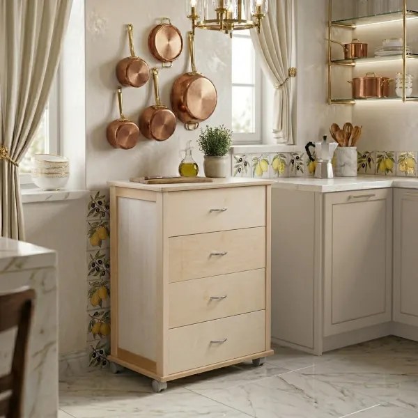 Cassettiera con ruote ICON 58X83h cm in Legno di Faggio a 4 Cassetti Naturale