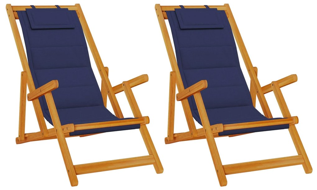 Sdraio pieghevoli da spiaggia 2 pezzi blu in legno massello di acacia e textilene