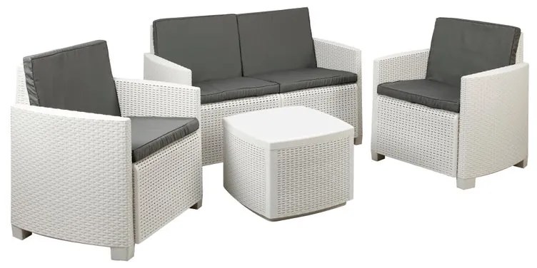 Salotto da giardino Vesuvio bianco con cuscini in policotone grigio per 4 persone