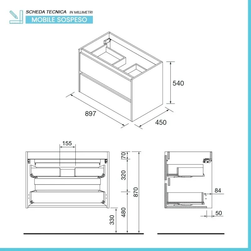 Mobile bagno sospeso 90 cm noce maya con specchio e lavabo Gaya