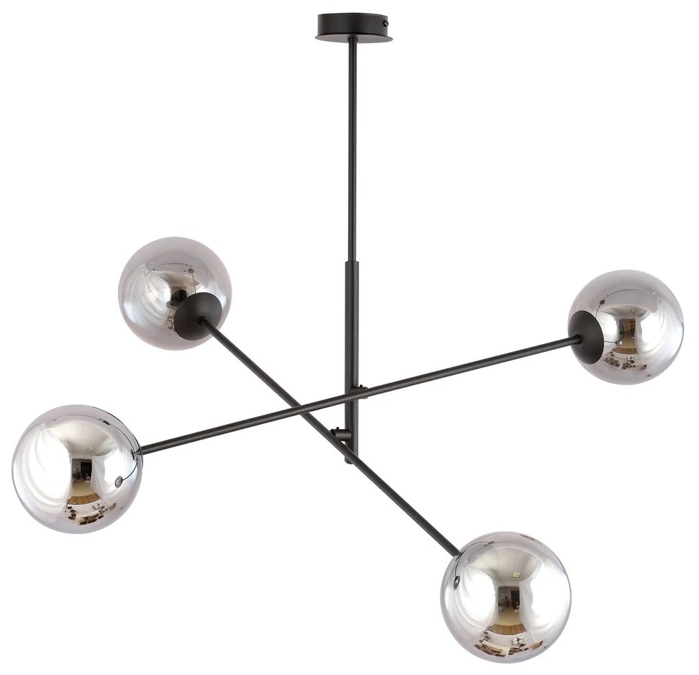 Lampadario 4 Luci Linear In Acciao Nero Con Bracci Regolabili E Vetro Fumè