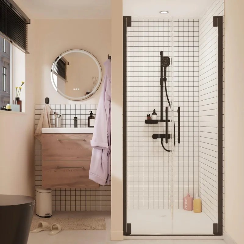 Porta doccia doppia anta battente Remix2 L 80 x H 195 x P 0.6 cm in vetro vetro senza finitura / trasparente profilo nero