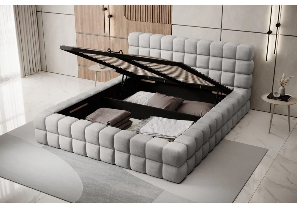 Letto matrimoniale imbottito grigio con contenitore e rete inclusi 140x200 cm Dizzle – ELTAP
