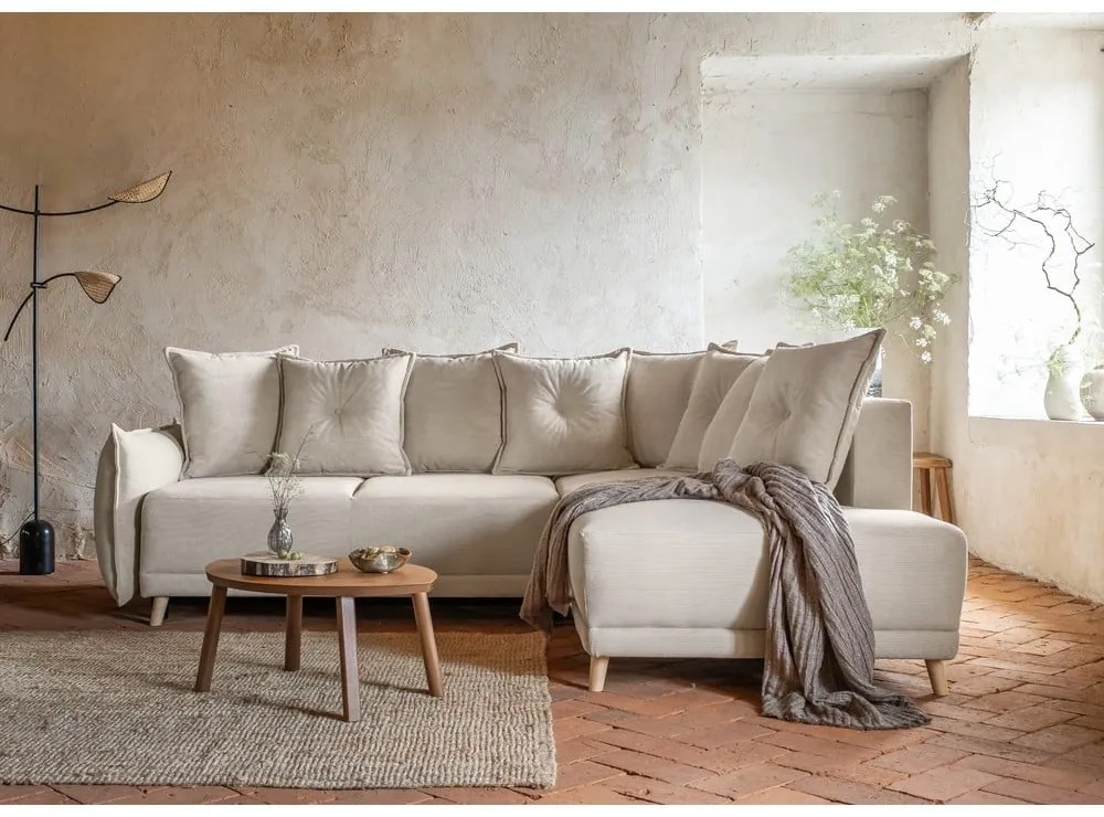 Divano letto angolare in velluto a coste beige (angolo destro) Lazy Lukka - Miuform
