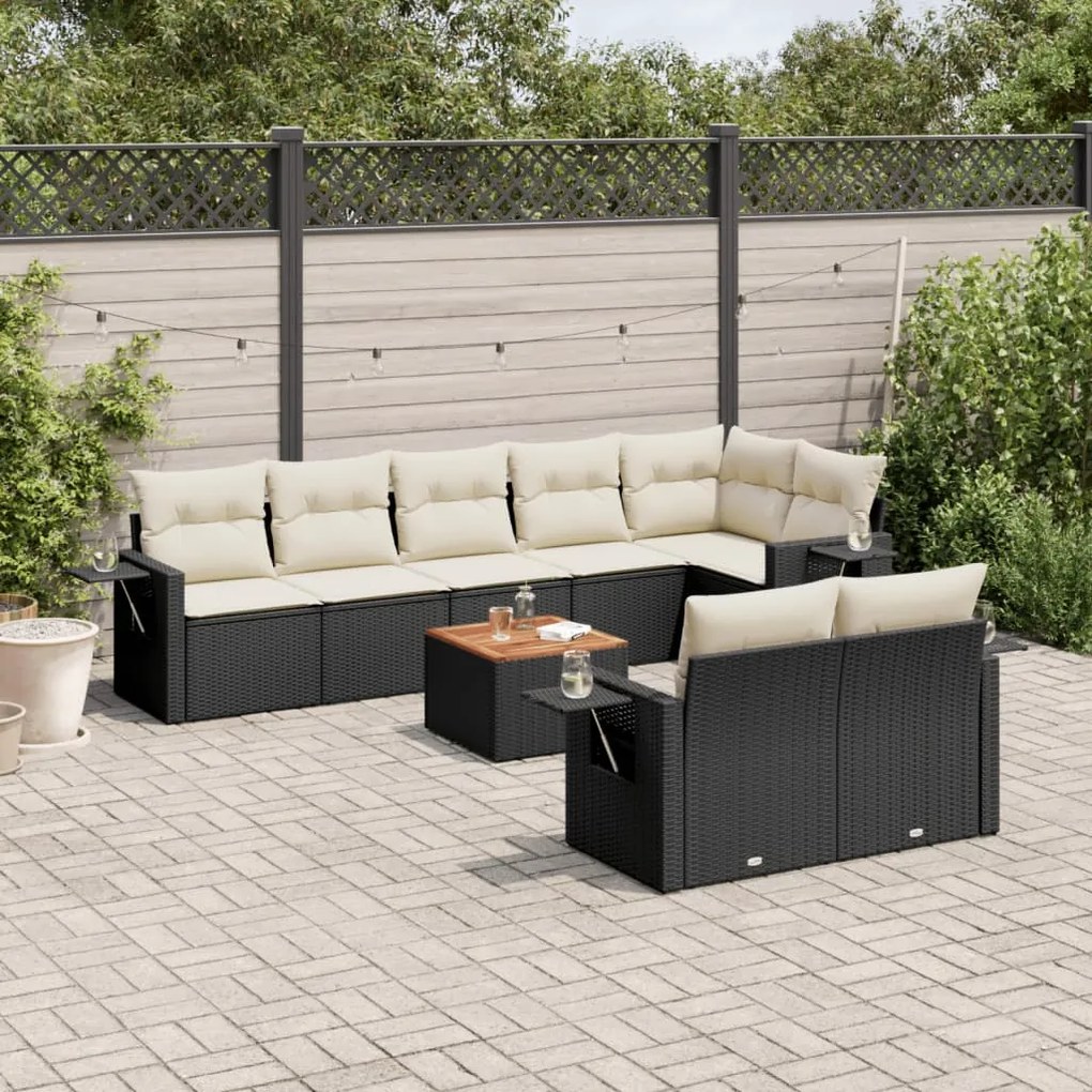 Set divani da giardino 9 pz con cuscini nero in polyrattan