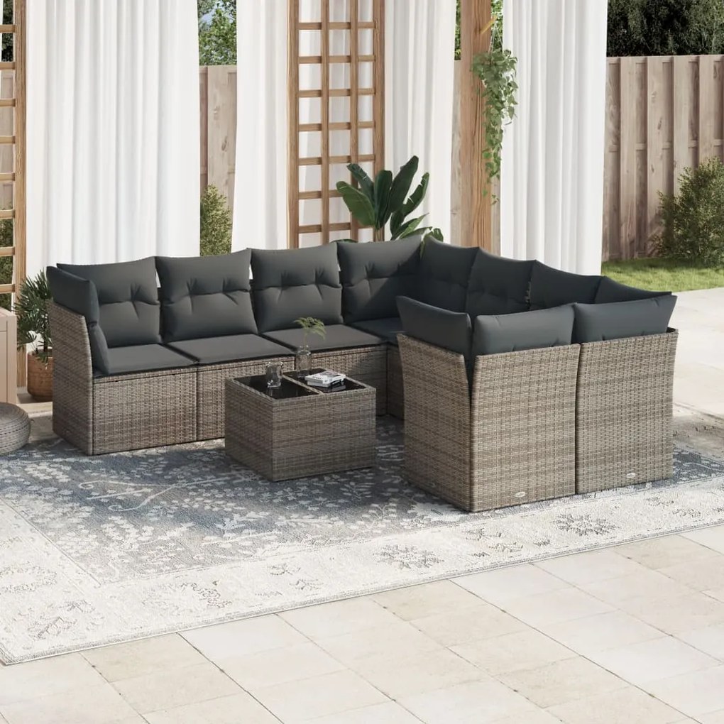 Set Divano da Giardino 9 pz con Cuscini Grigio in Polyrattan