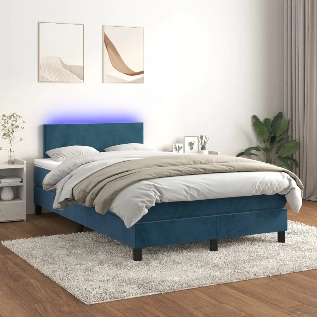 Letto a molle materasso e led blu scuro 120x190 cm in velluto